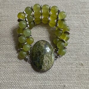 Light green Korean Jade triple row bracelet, oval agate box clasp, 8 inches